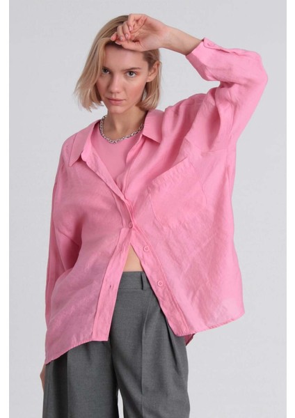 Kadın Pembe Oversize Gömlek | Düşük Omuzlu Cep Detaylı | Rahat Kalıp