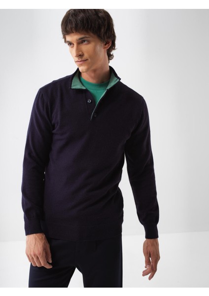 Erkek Lacivert Doğal Yün Dokulu Regular Fit Kazak