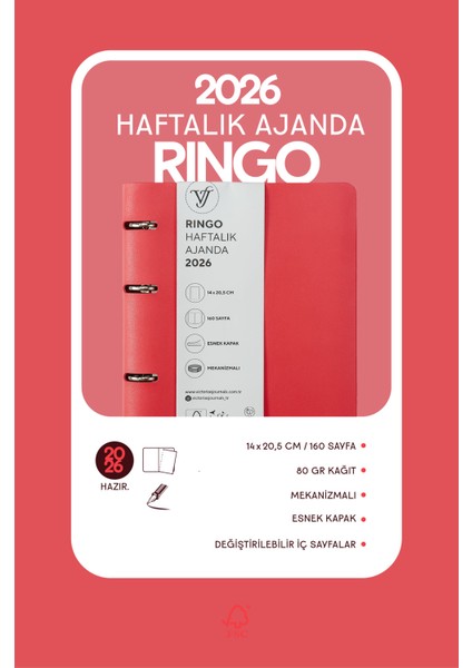 RinGo 2026 Haftalık Ajanda A5 (14x21cm) Esnek Kapak Ivory 80gr. İçi Değişebilir modelleri
