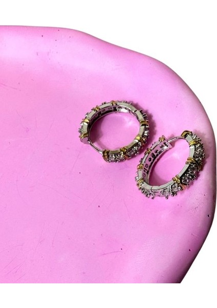 4062 Zirkon Taşlı Gold Detaylı Çelik Halka Küpe