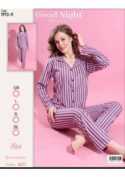 Good Night Pijamahomewear Pembe Gri Çizgili 5 Düğmeli Pijama Takımı