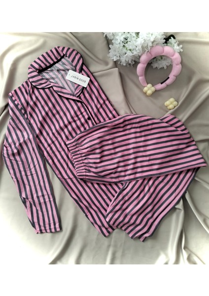 Good Night Pijamahomewear Pembe Gri Çizgili 5 Düğmeli Pijama Takımı fiyatları