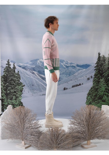 Erkek Pembe Doğal Yün Dokulu Regular Fit Kazak