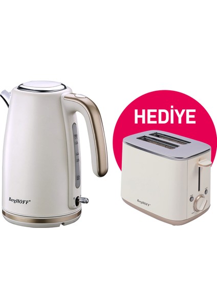 Gem Pearl 1.7 Litre Vanilya Krem Rengi Gold Modern Su Isiticisi ve Berghoff Ekmek Kizartma Makinesi