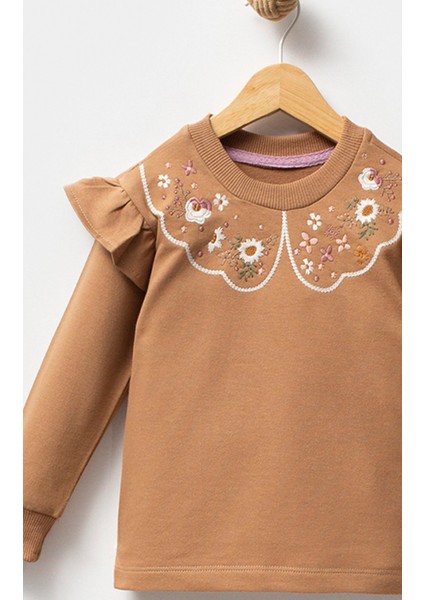 Fırfırlı Yakası Çiçek Nakışlı 2 Iplik Uzun Kol Kız Çocuk Sweatshirt modelleri