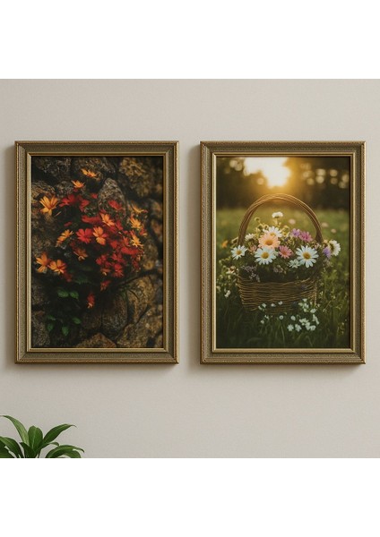 Flower Harmony – Gün Batımında Çiçek Sepeti ve Taş Duvar Temalı 2’li Duvar Tablo Seti (Çerçeveli)