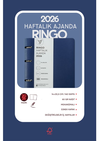 RinGo 2026 Haftalık Ajanda A5 (14x21cm) Esnek Kapak Ivory 80gr. İçi Değişebilir indirimleri