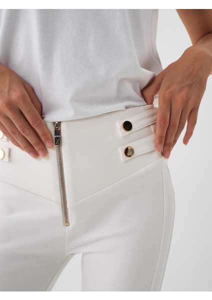 Kadın Ekru Pamuk Dokulu Slim Fit Tayt