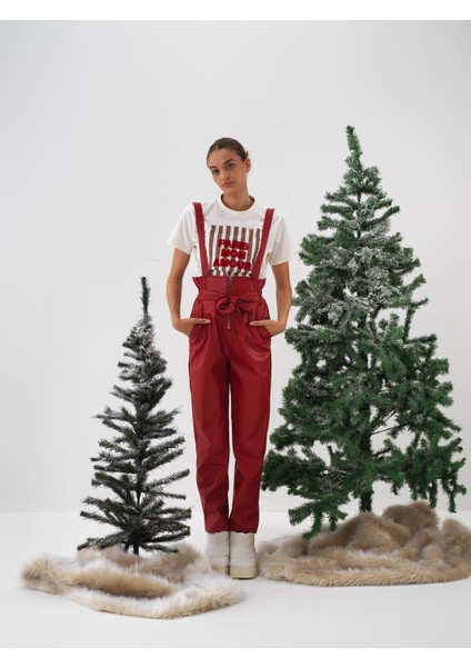 Kadın Kırmızı Deri Görünümlü Regular Fit Salopet indirimleri