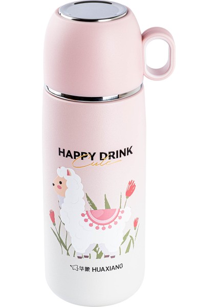 Okadı Pembe Desenli Bardaklı Paslanmaz Çelik Termos 300ML