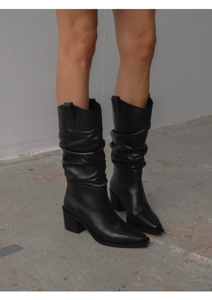 Dune Siyah Hakiki Deri Kadın Çizme