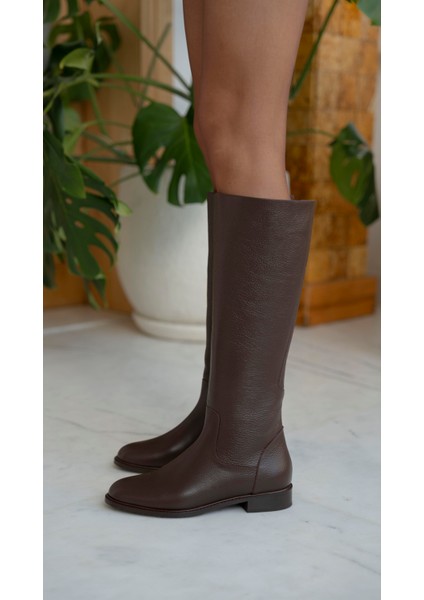 Adel Kahve Deri Fermuarlı Hakiki Deri Kadın Çizme