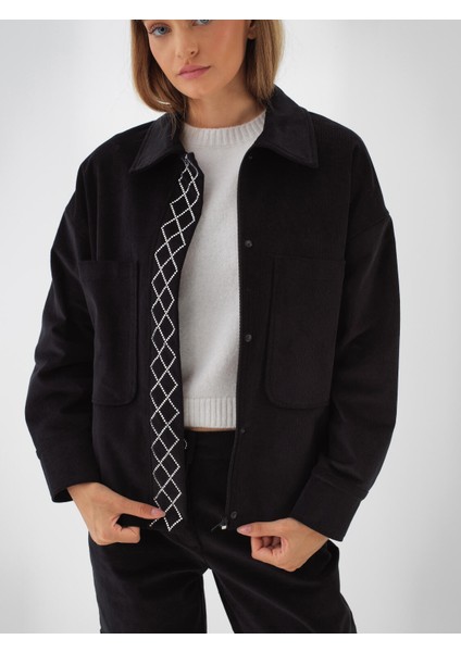 Kadın Siyah Lüks Dokulu Soft Kadife Oversize Ceket