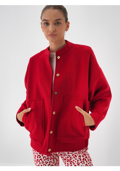 Kadın Kırmızı Esnek Dokulu Oversize Ceket