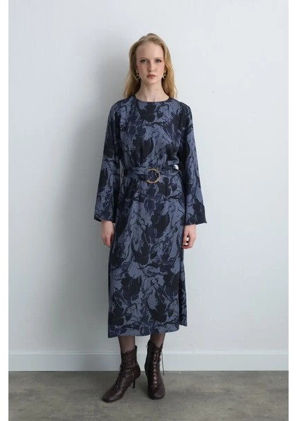 Anka Koleksiyonu Desenli Viskon Elbise - Lacivert