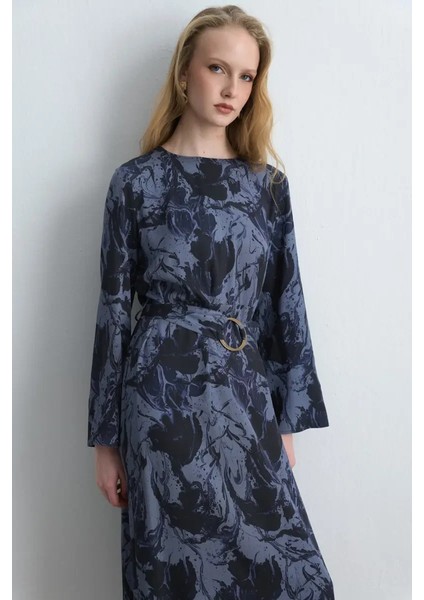 Anka Koleksiyonu Desenli Viskon Elbise - Lacivert modelleri
