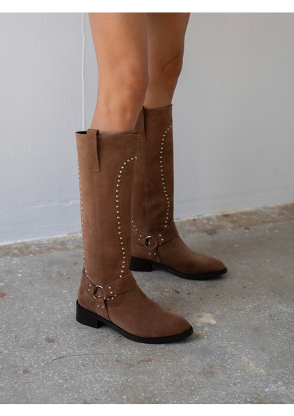 Faren Camel Süet Zımbalı Hakiki Deri Kadın Çizme