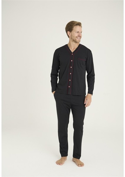 Jakarlı Penye Önden Düğmeli Gömlek Erkek Pijama Takım