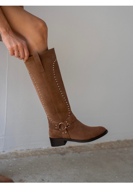 Faren Camel Süet Zımbalı Hakiki Deri Kadın Çizme modelleri