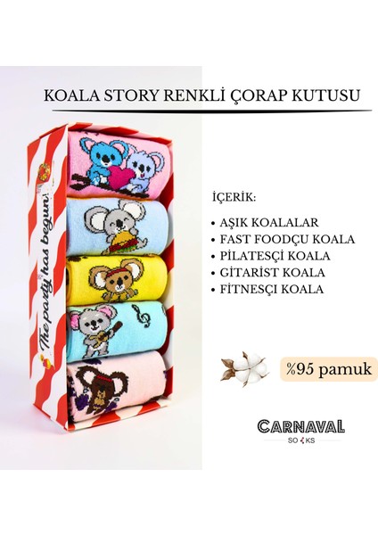 5\'li Koala Story Desenli Renkli Unisex Kutulu Çorap Seti