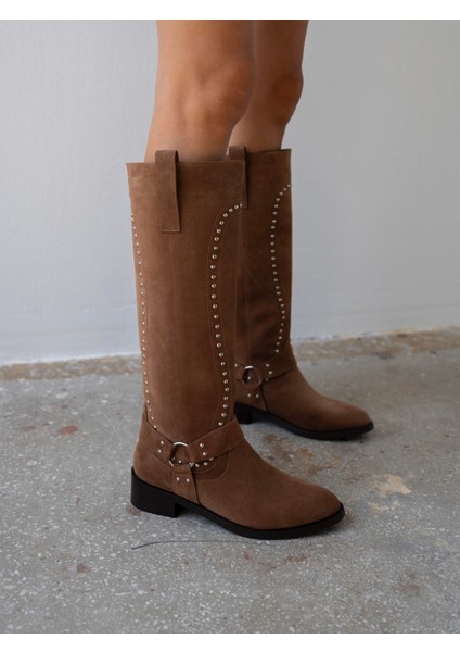 Faren Camel Süet Zımbalı Hakiki Deri Kadın Çizme fırsatları