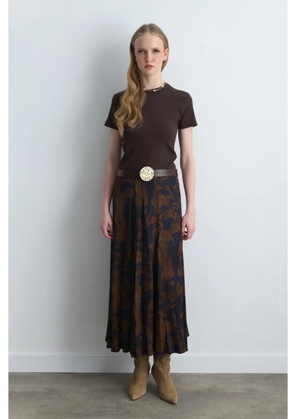 Anka Koleksiyonu Uzun Viskon Saten Etek - Kahverengi