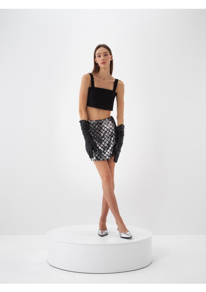 Kadın Siyah Lüks Dokulu Pullu Kadife Regular Fit Etek