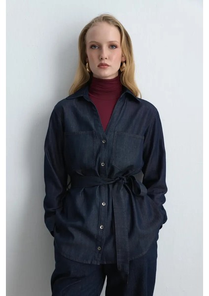 Beli Kemerli Tencel Denim Gömlek - Lacivert