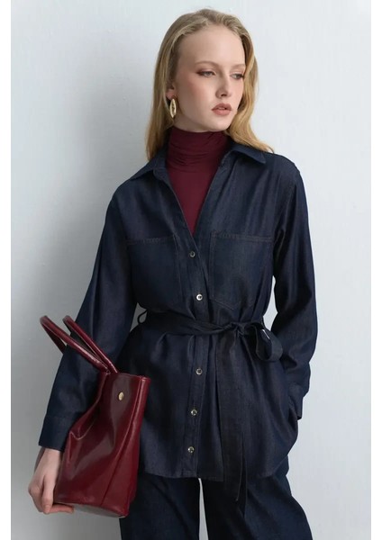 Beli Kemerli Tencel Denim Gömlek - Lacivert fiyatları