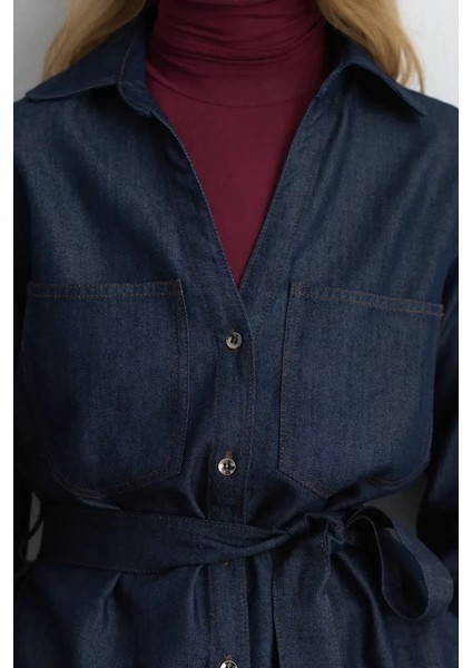 Beli Kemerli Tencel Denim Gömlek - Lacivert fırsatları