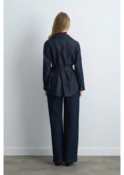 Beli Kemerli Tencel Denim Gömlek - Lacivert indirimleri