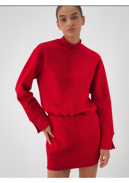 Kadın Kırmızı Pamuk Dokulu Oversize Elbise