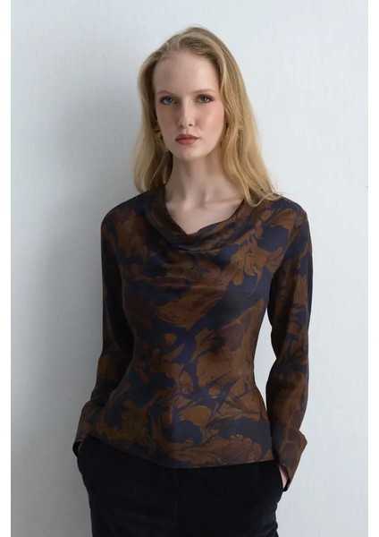 Anka Koleksiyonu Viskon Saten Degaje Bluz - Kahverengi