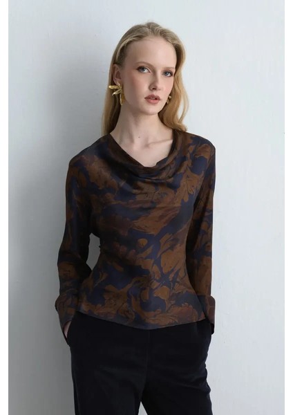 Anka Koleksiyonu Viskon Saten Degaje Bluz - Kahverengi modelleri