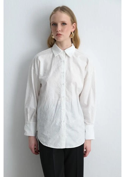 Nakışlı Koton Gömlek - Beyaz fiyatları