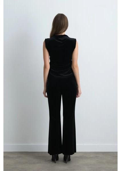 Dik Yakalı Büzgülü Kadife Bluz - Siyah fırsatları