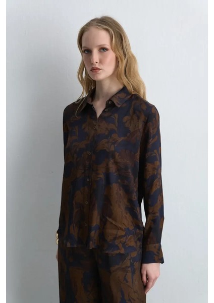 Anka Koleksiyonu Viskon Saten Gömlek - Kahverengi