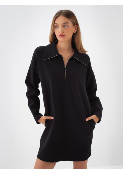 Kadın Siyah Pamuk Dokulu Oversize Elbise