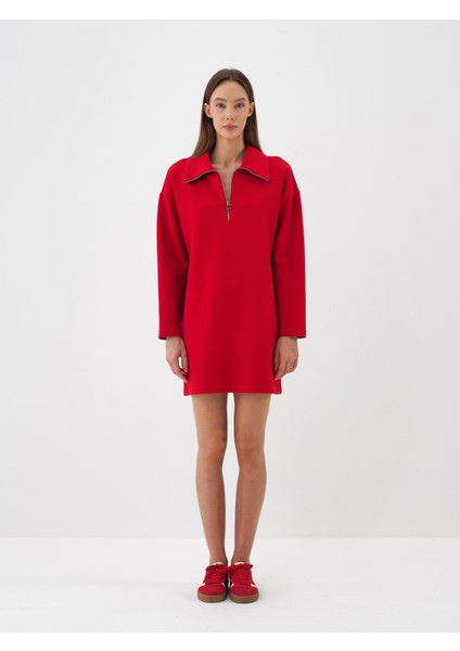 Kadın Kırmızı Pamuk Dokulu Oversize Elbise