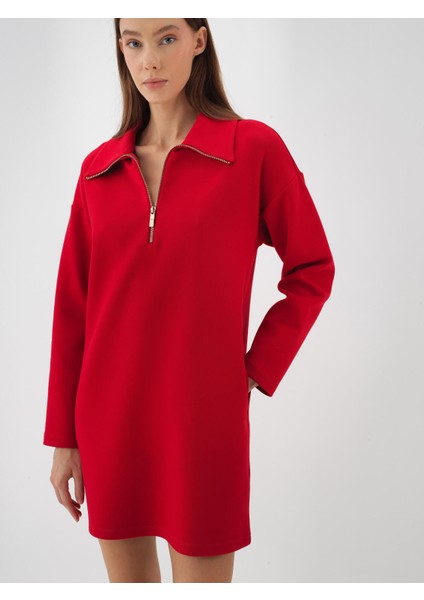 Kadın Kırmızı Pamuk Dokulu Oversize Elbise