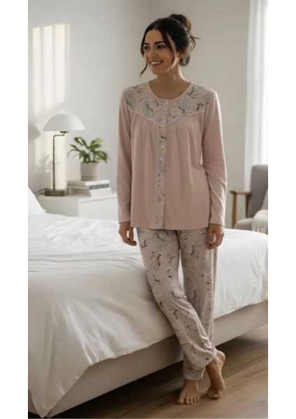 Uzun Kol Robalı Önden Açık % 100 Pamuk Viskon 4 Mevsim Pijama Takımı -14949