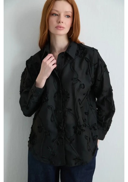 Nakışlı Koton Gömlek - Siyah