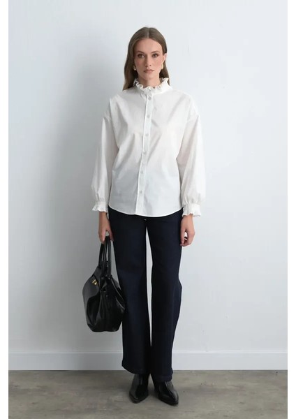 Yakası ve Kolu Piliseli Koton Gömlek - Beyaz modelleri