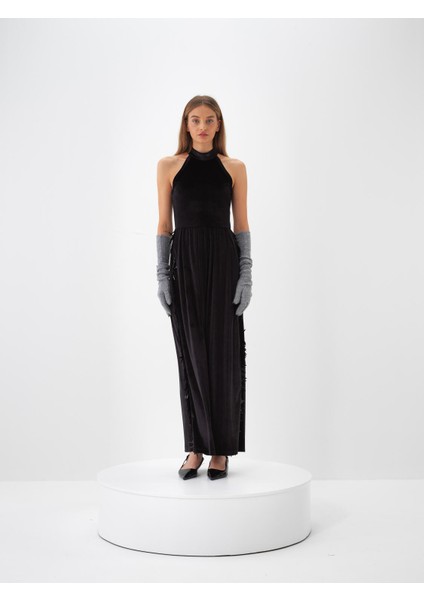 Kadın Siyah Lüks Dokulu Soft Kadife Oversize Elbise indirimleri