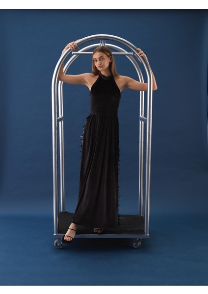 Kadın Siyah Lüks Dokulu Soft Kadife Oversize Elbise