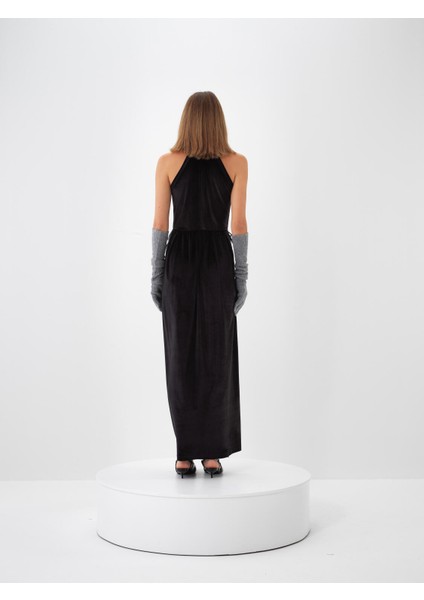 Kadın Siyah Lüks Dokulu Soft Kadife Oversize Elbise