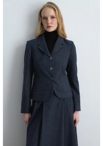 Bele Oturan Yünlü Ceket - Lacivert