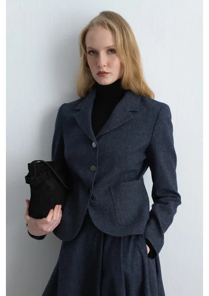 Bele Oturan Yünlü Ceket - Lacivert fırsatları