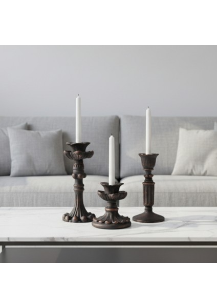 Pamircandles 3'Lü Şamdan Mumluk Fransız Romantik Antik El Sanatı Bronz Eskitme Dekoratif Şamdanlık (Üçlü) retro modelleri