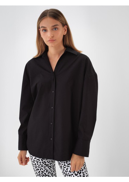 Kadın Siyah Pamuk Dokulu Oversize Gömlek